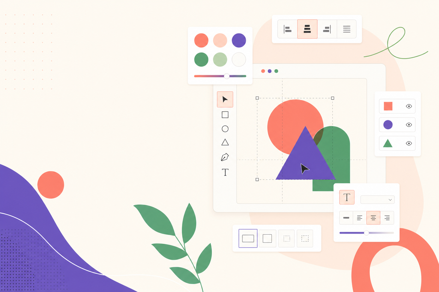 Abstract editorial illustration of design tools, shapes, and editing controls on a light canvas.